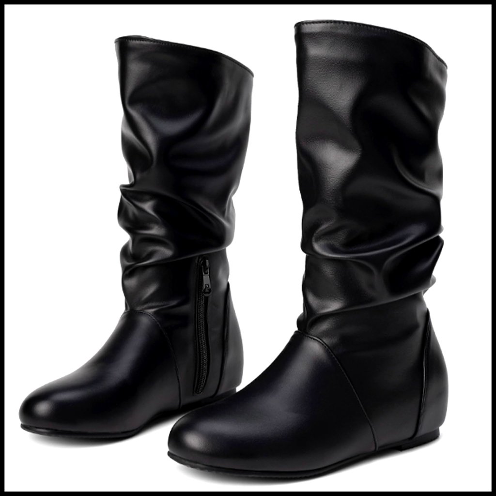 Slouch Mid Calf Boots Wedge Heel Casual Pull On Renaissance Style Comfort